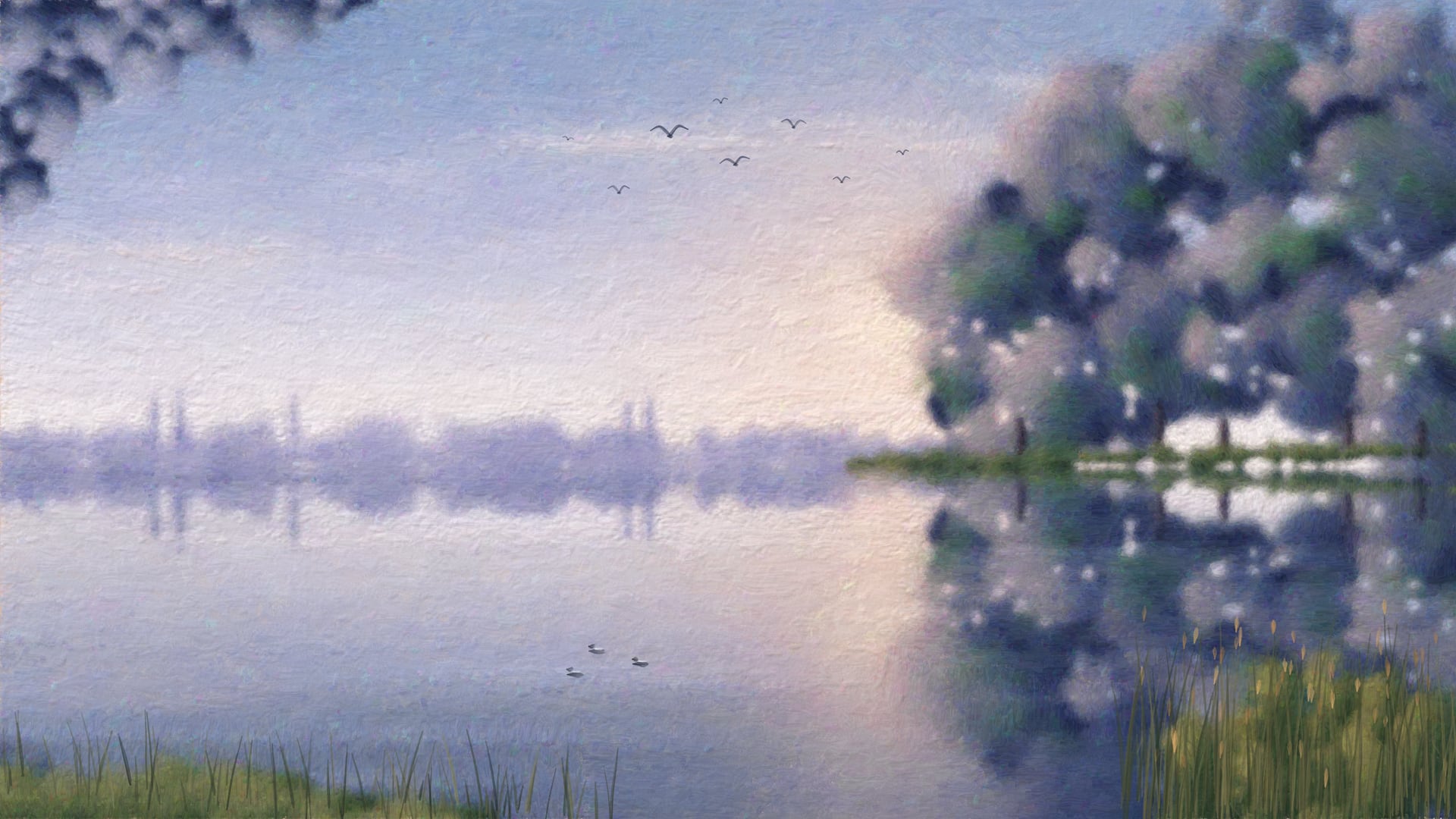 Illustration: morning mist over a wide river; dark trees on the right bank catch the first light, a heron stands in the reeds and a small boat drifts on the sun's reflection