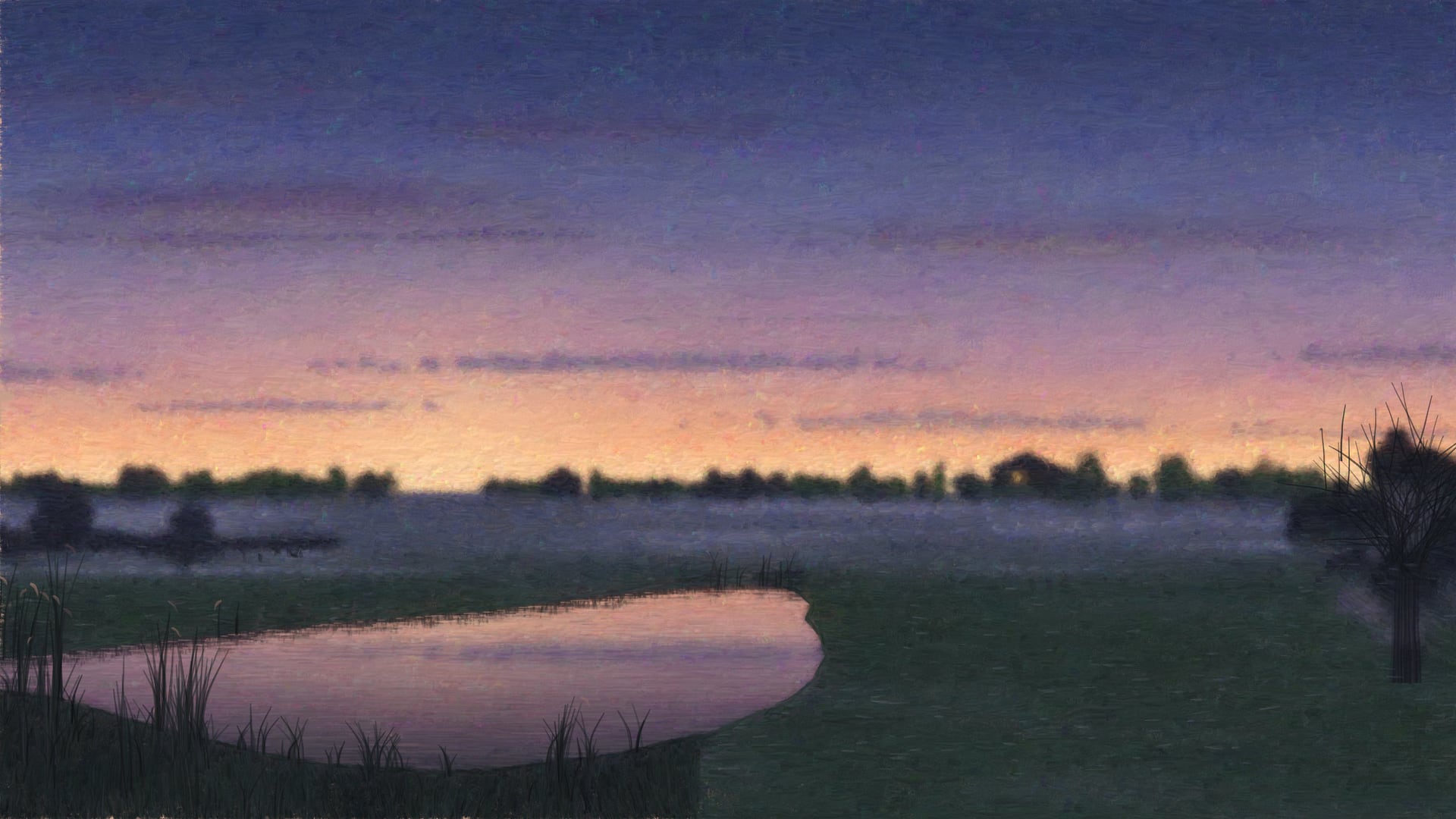 Illustration: a Dutch polder at dusk; two black-and-white cows drink at a pool that reflects the glow, a pollard willow stands dark against the sky and geese fly over in a V